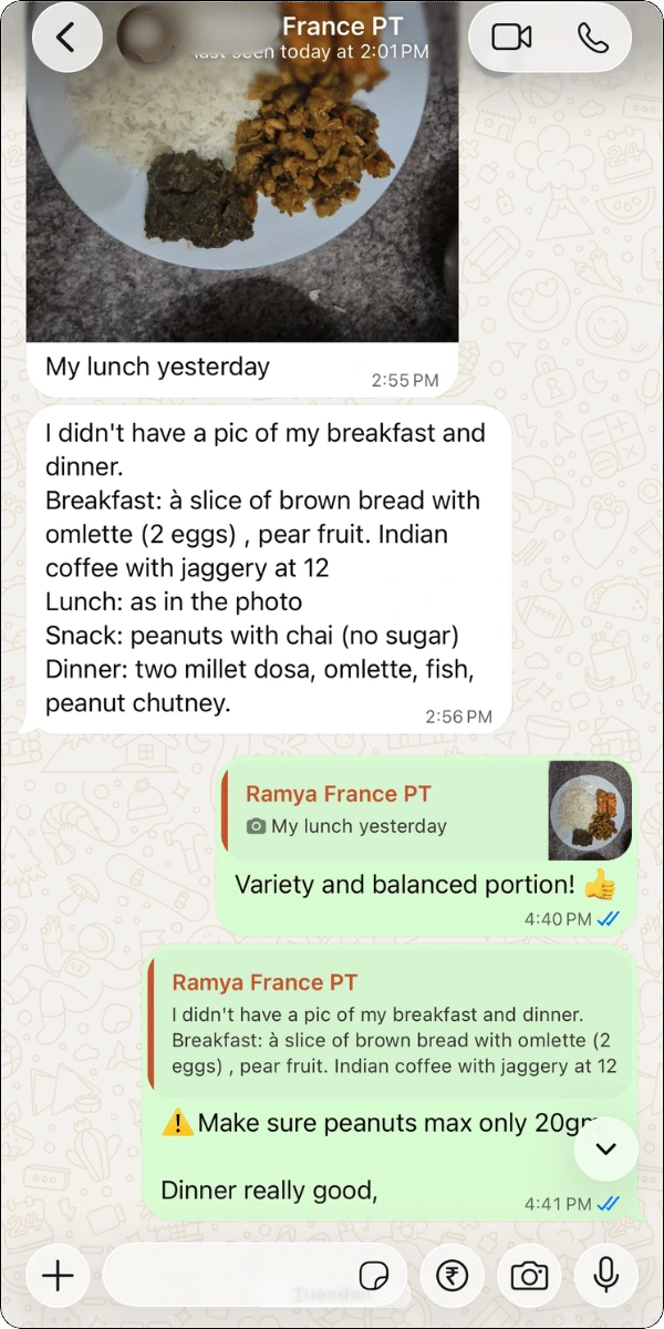 Indian fitness coach daily followups on WhatsApp